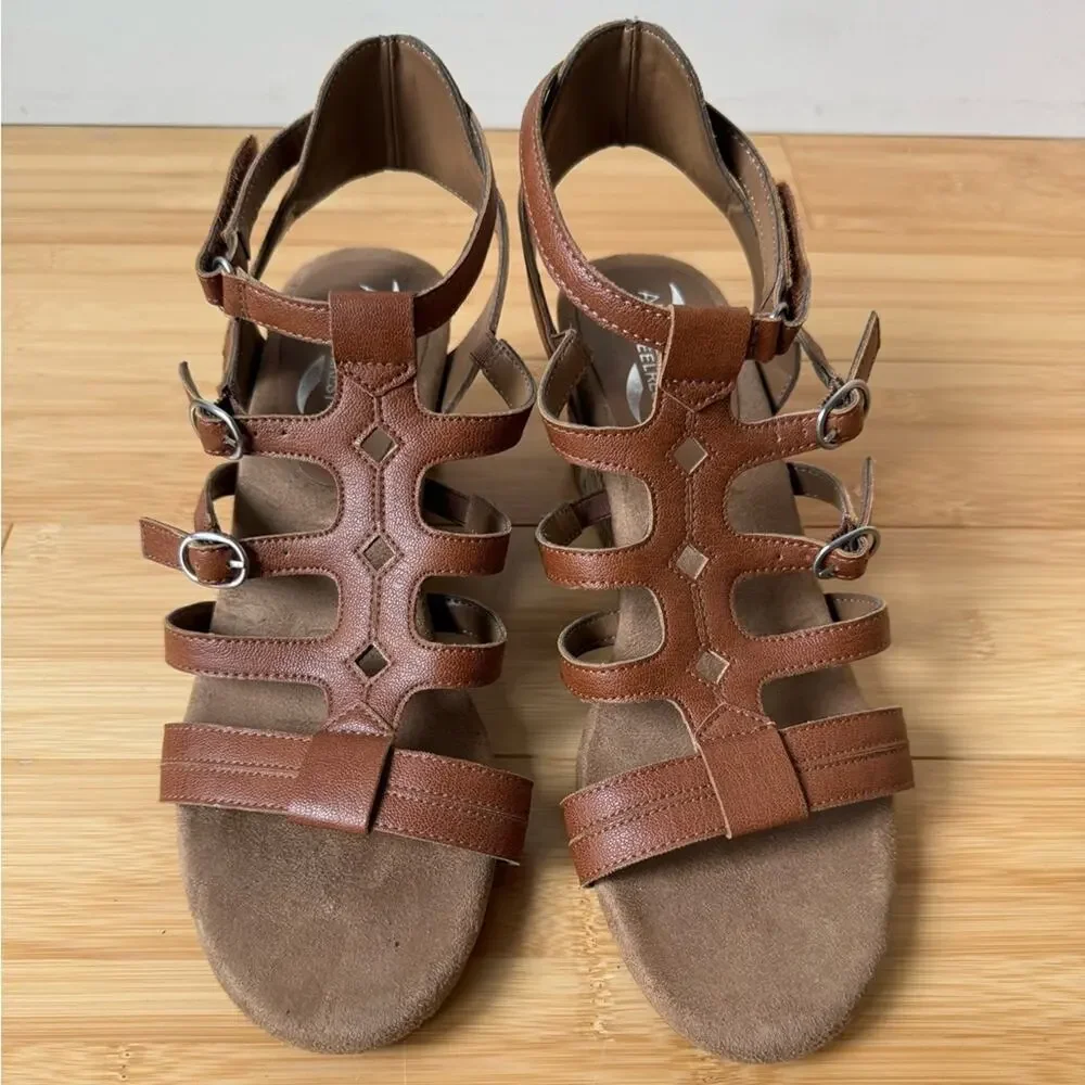 AEROSOLES HEEL REST BROWN LEATHER SPARKLE GLADIATOR ESPADRILLES WEDGES SIZE 9